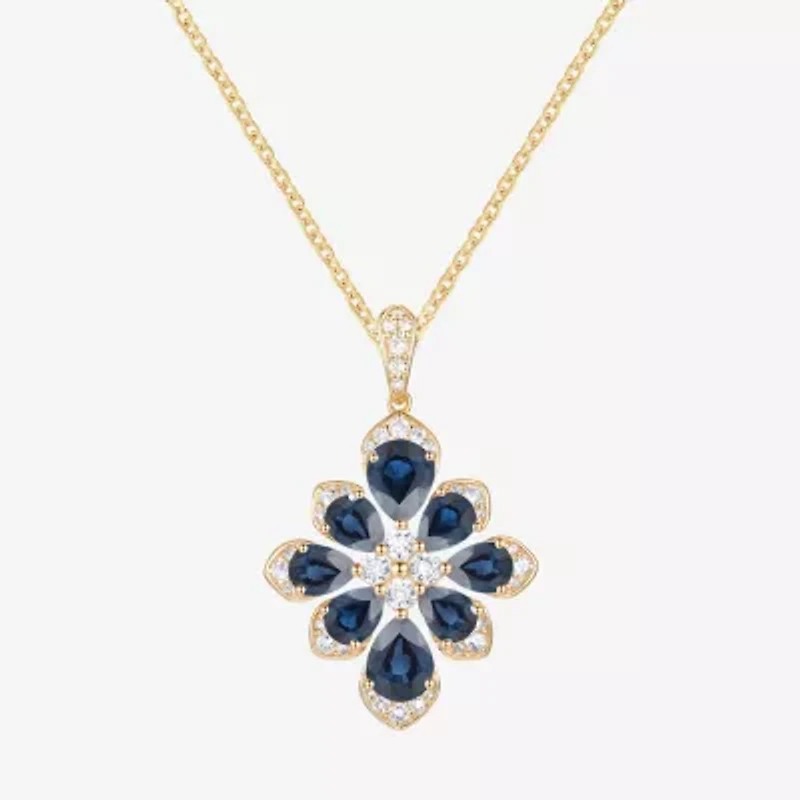 Womens Lab Created Blue Sapphire 14K Gold Over Silver Flower 18 Inch Pendant Necklace
