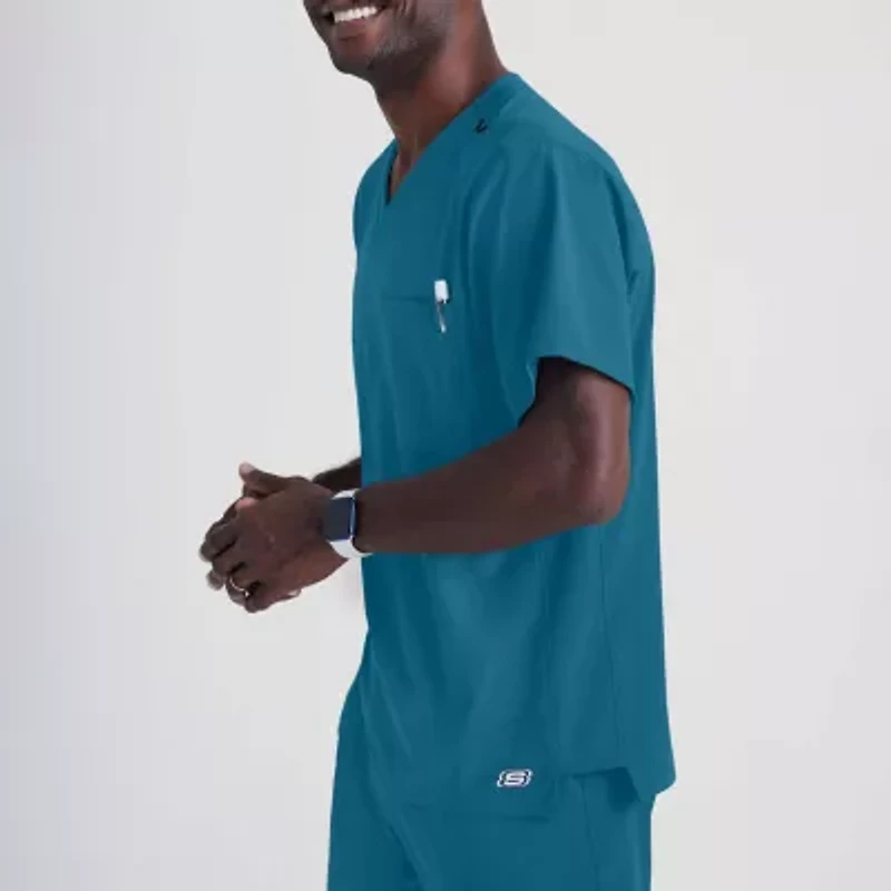Skechers Sk0112 Structure 1-Pocket Mens V Neck Short Sleeve Tag Free Stretch Fabric Moisture Wicking Scrub Top