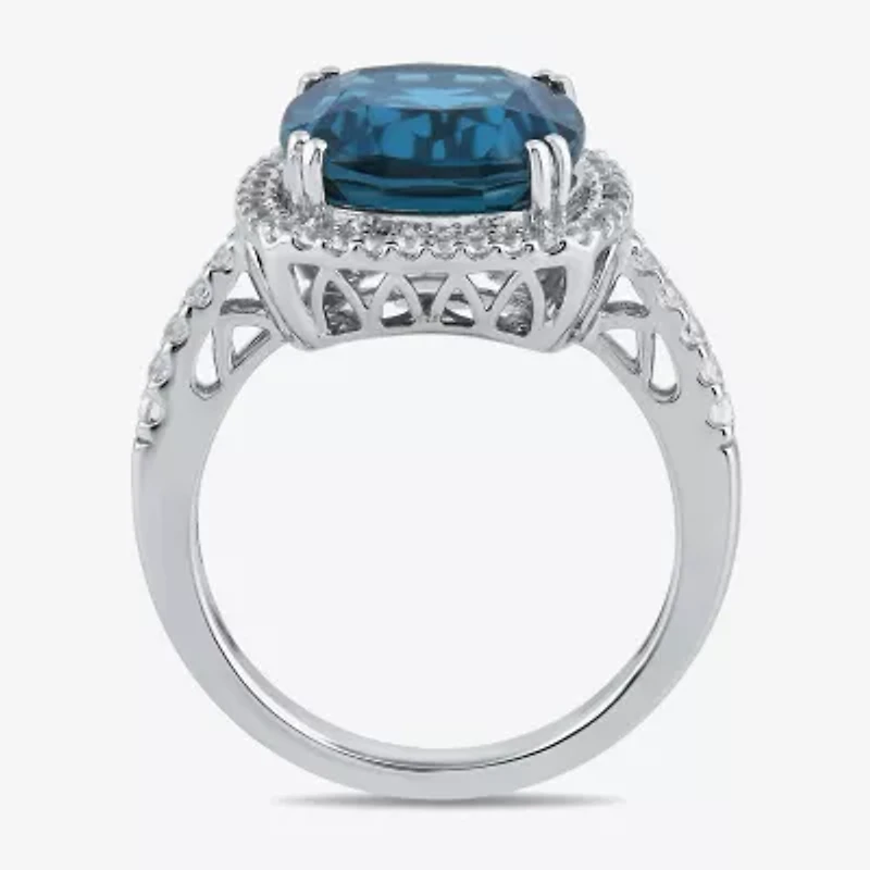 Womens Genuine Blue Topaz Sterling Silver Cushion Halo Side Stone Cocktail Ring