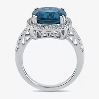 Womens Genuine Blue Topaz Sterling Silver Cushion Halo Side Stone Cocktail Ring