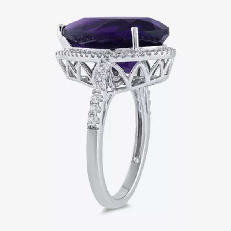 Womens Lab Created Purple Amethyst Sterling Silver Pear Halo Side Stone Cocktail Ring