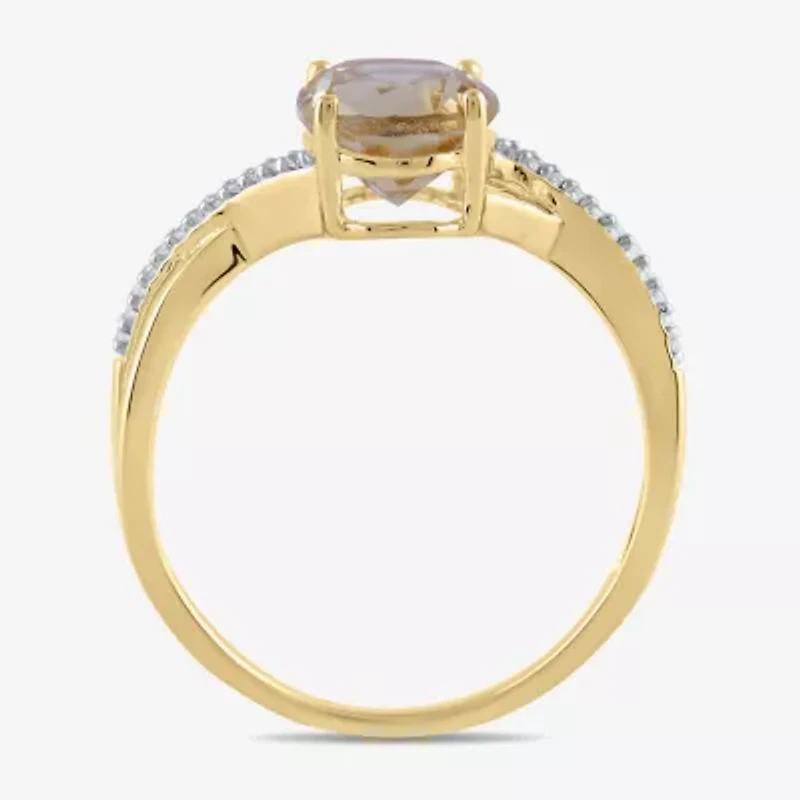 Womens Genuine Yellow Citrine 14K Gold Over Silver Side Stone Cocktail Ring