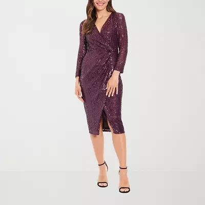 Clover And Sloane Womens Sequin Long Sleeve Sheath Dress