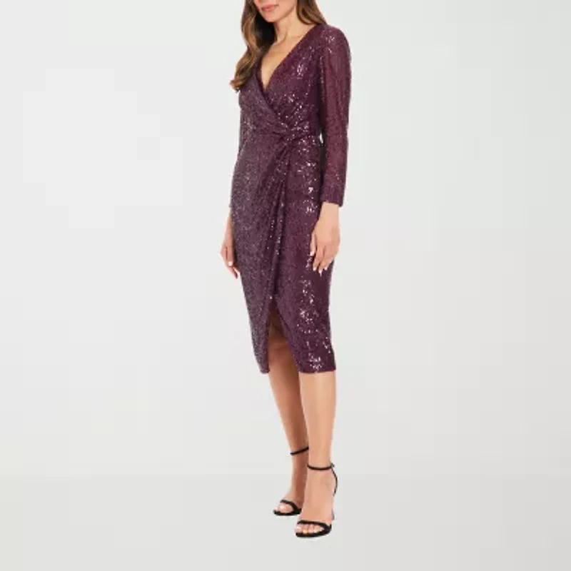 Clover And Sloane Womens Sequin Long Sleeve Sheath Dress