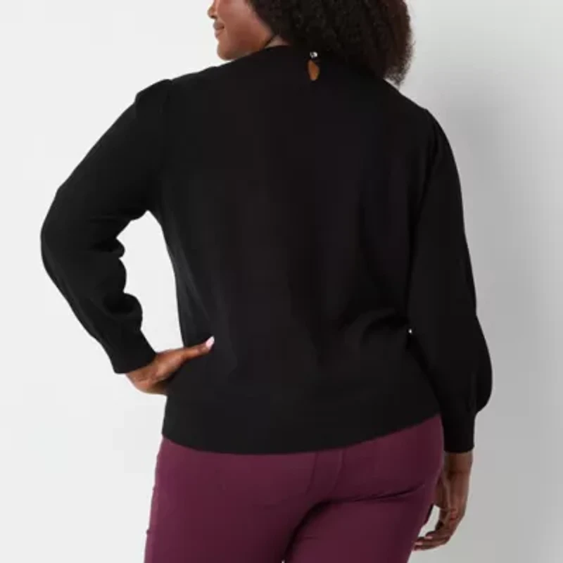 Liz Claiborne Plus Womens Crew Neck Embellished Long Sleeve Pullover Sweater