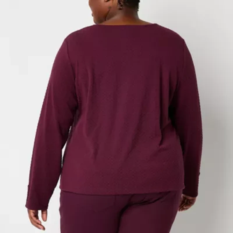 Liz Claiborne Womens Plus Keyhole Neck Long Sleeve Blouse