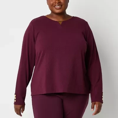 Liz Claiborne Womens Plus Keyhole Neck Long Sleeve Blouse