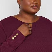 Liz Claiborne Womens Plus Keyhole Neck Long Sleeve Blouse