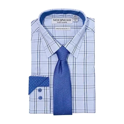 Nick Graham Mens Spread Collar Long Sleeve Stretch Fabric Shirt + Tie Set Fitted