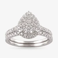 Signature By Modern Bride Womens 1 CT. T.W. Natural White Diamond 10K White Gold Pear Side Stone Halo Bridal Set