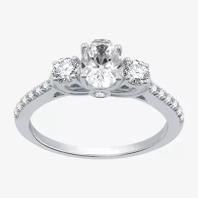 Signature By Modern Bride (H-I / I1) Womens 1 1/4 CT. T.W. Lab Grown White Diamond 10K Gold Oval Side Stone 3-Stone Engagement Ring