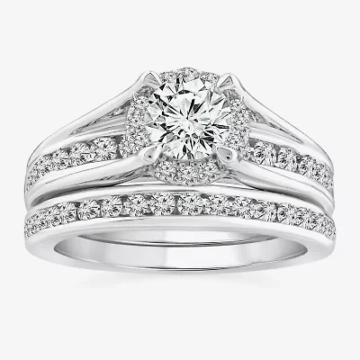 (F / VS2) Womens 1 1/2 CT. T.W. Lab Grown White Diamond 10K or 14K Gold Round Side Stone Bridal Set