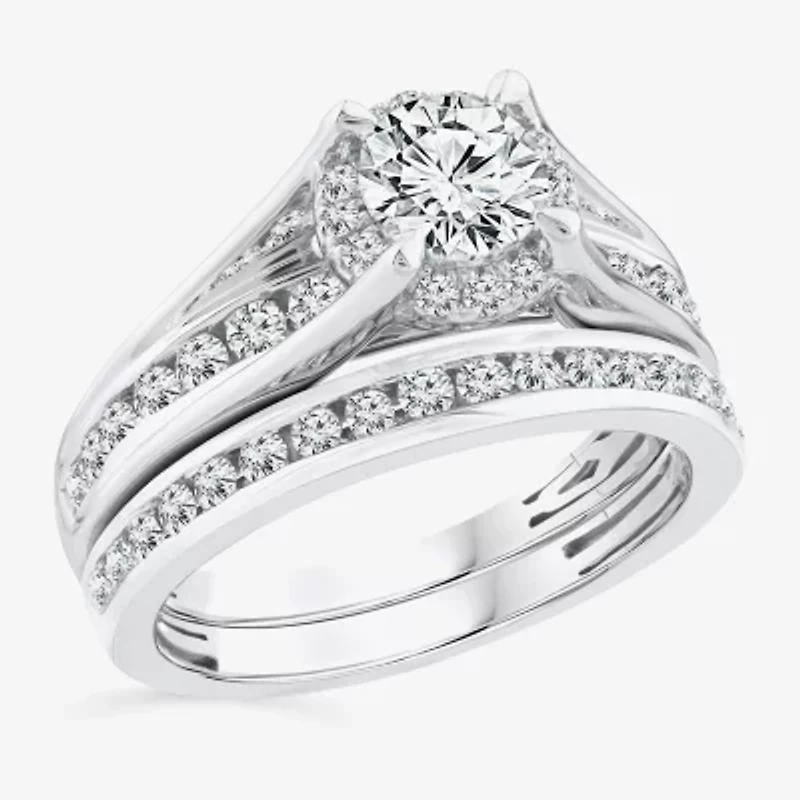 (F / VS2) Womens 1 1/2 CT. T.W. Lab Grown White Diamond 10K or 14K Gold Round Side Stone Bridal Set