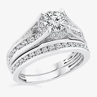 (F / VS2) Womens 1 1/2 CT. T.W. Lab Grown White Diamond 10K or 14K Gold Round Side Stone Bridal Set