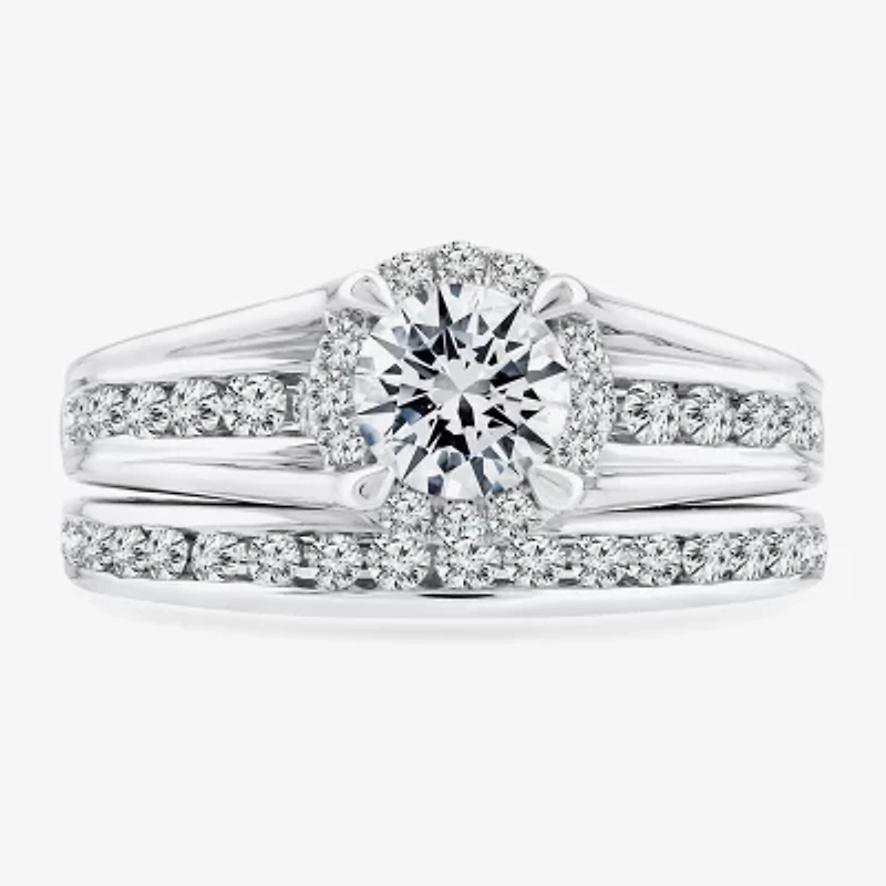 (F / VS2) Womens 1 1/2 CT. T.W. Lab Grown White Diamond 10K or 14K Gold Round Side Stone Bridal Set