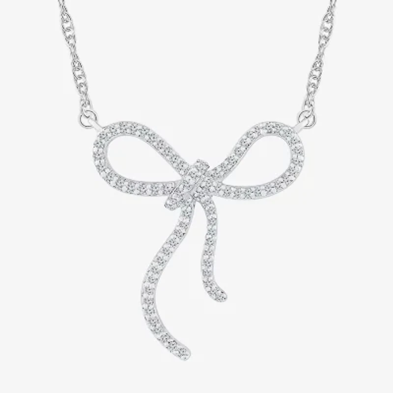 Womens 1/ CT. T.W. Natural White Diamond Sterling Silver Bow 18 Inch Pendant Necklace