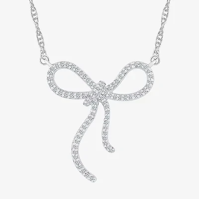 Womens 1/8 CT. T.W. Natural White Diamond Sterling Silver Bow 18 Inch Pendant Necklace