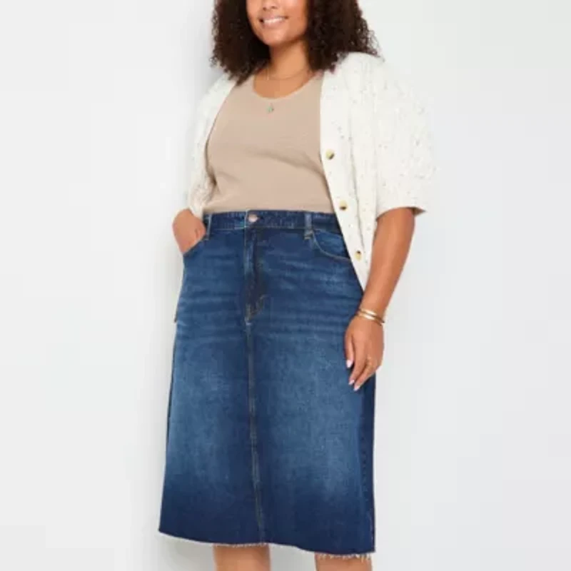 a.n.a Womens High Rise Midi Denim Skirt Plus