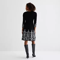Jessica Howard Womens 3/4 Sleeve Bordered Sweater Dress