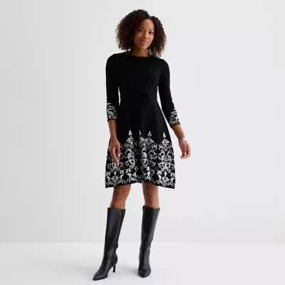 Jessica Howard Womens 3/4 Sleeve Bordered Sweater Dress