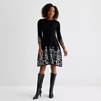 Jessica Howard Womens 3/4 Sleeve Bordered Sweater Dress