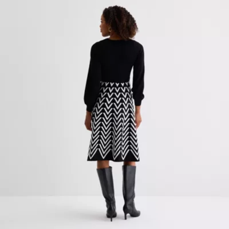 Jessica Howard Womens Long Sleeve Chevron Midi Sweater Dress