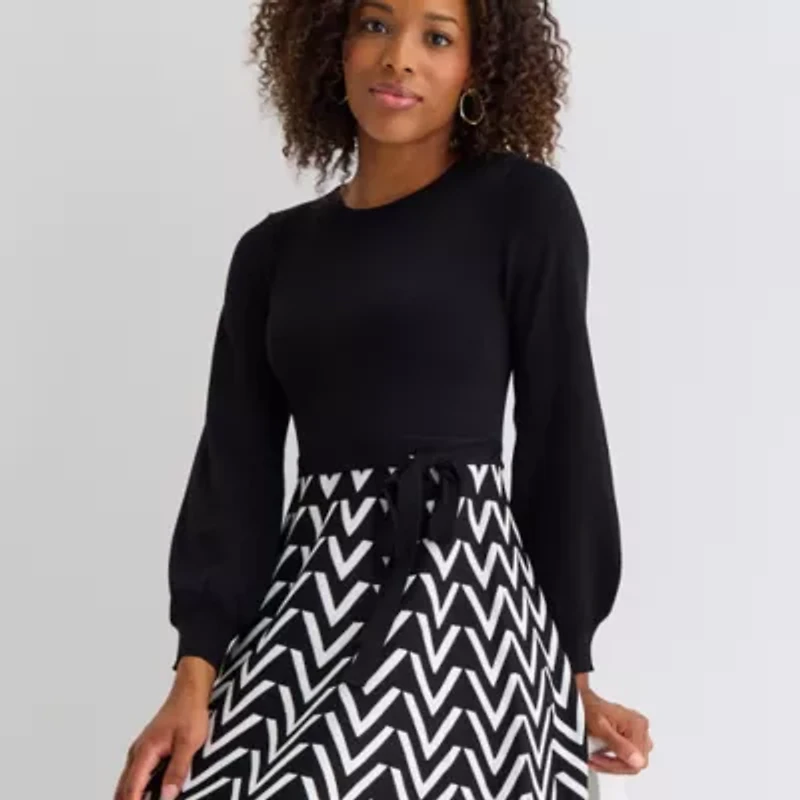 Jessica Howard Womens Long Sleeve Chevron Midi Sweater Dress