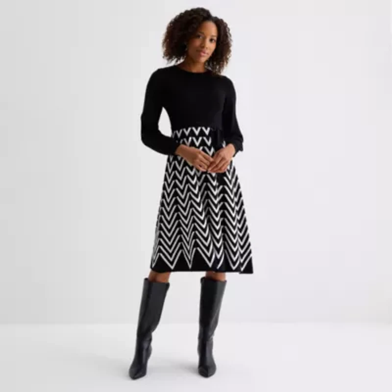 Jessica Howard Womens Long Sleeve Chevron Midi Sweater Dress