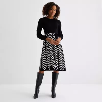 Jessica Howard Womens Long Sleeve Chevron Midi Sweater Dress