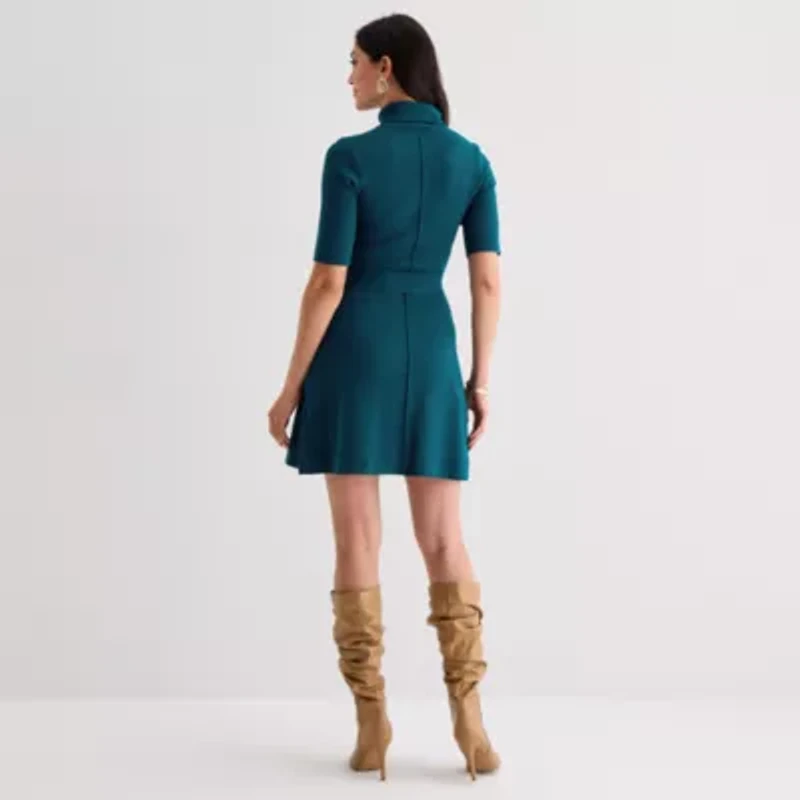 Willow Glenn Womens Short Sleeve Belted Sweater Dress