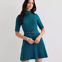 Willow Glenn Womens Short Sleeve Belted Sweater Dress