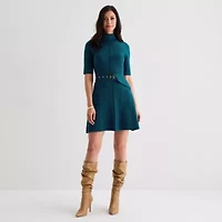 Willow Glenn Womens Short Sleeve Belted Sweater Dress