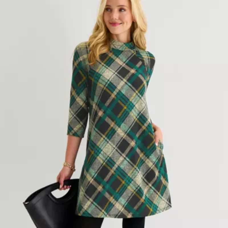 Jessica Howard Womens 3/4 Sleeve Plaid Shift Dress