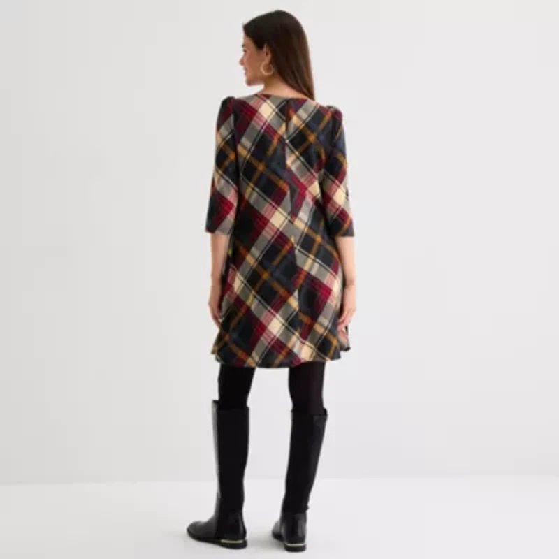 Jessica Howard Womens 3/4 Sleeve Plaid Shift Dress