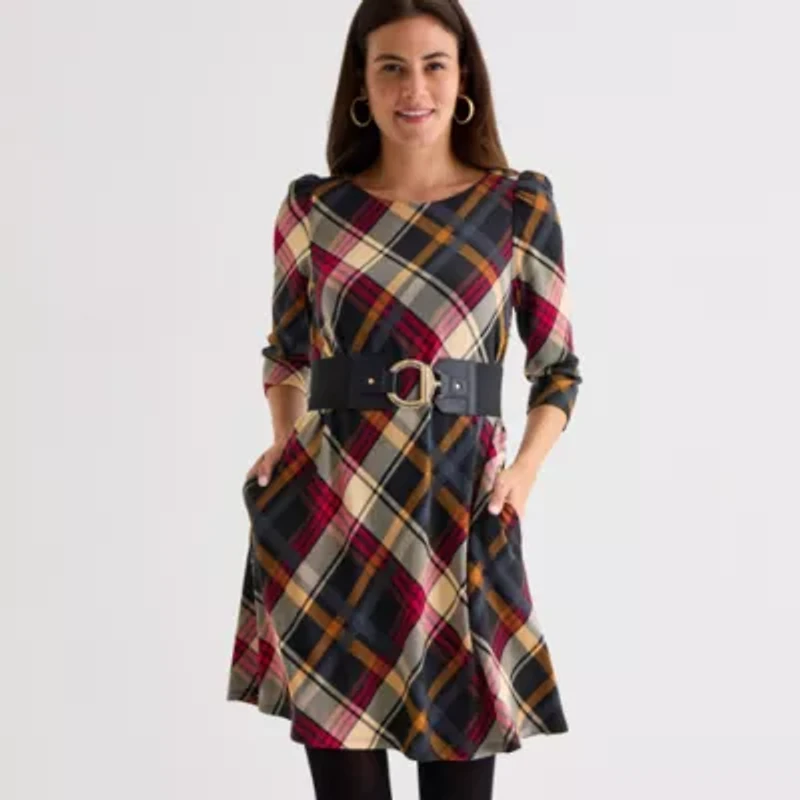 Jessica Howard Womens 3/4 Sleeve Plaid Shift Dress