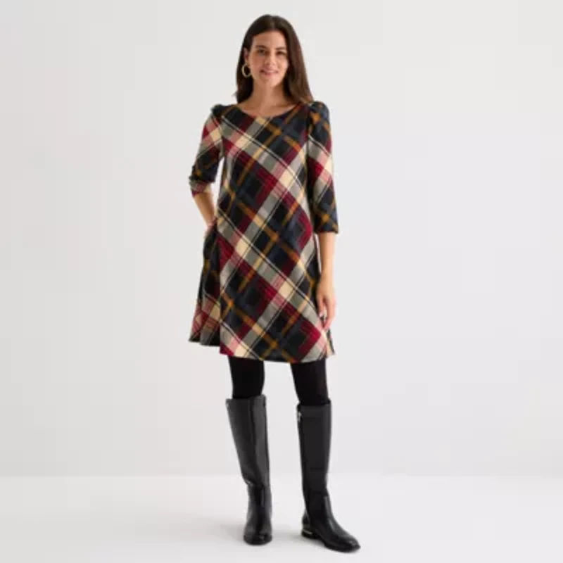 Jessica Howard Womens 3/4 Sleeve Plaid Shift Dress