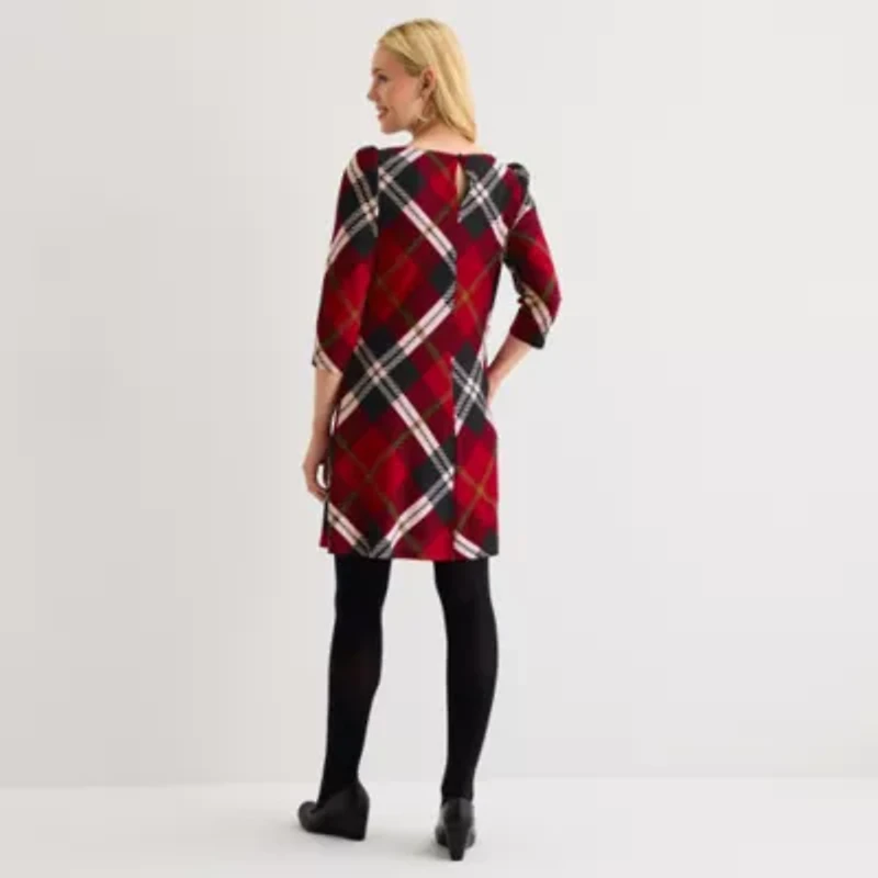 Jessica Howard Womens 3/4 Sleeve Plaid Shift Dress