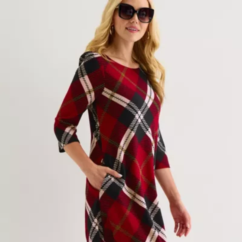 Jessica Howard Womens 3/4 Sleeve Plaid Shift Dress