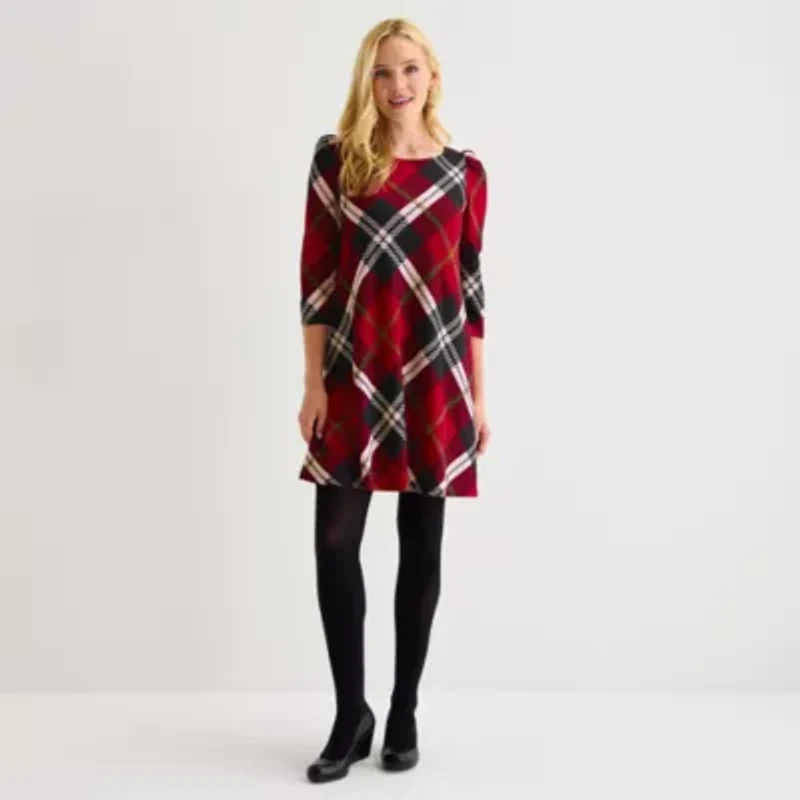 Jessica Howard Womens 3/4 Sleeve Plaid Shift Dress