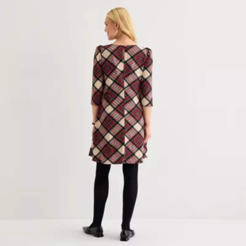 Jessica Howard Womens 3/4 Sleeve Plaid Shift Dress
