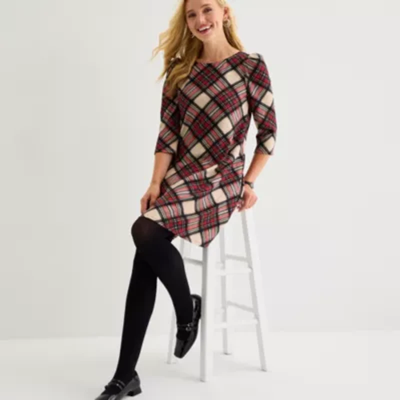 Jessica Howard Womens 3/4 Sleeve Plaid Shift Dress