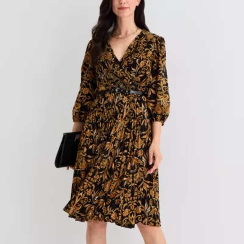 Melonie T Womens 3/4 Sleeve Floral Fit + Flare Dress