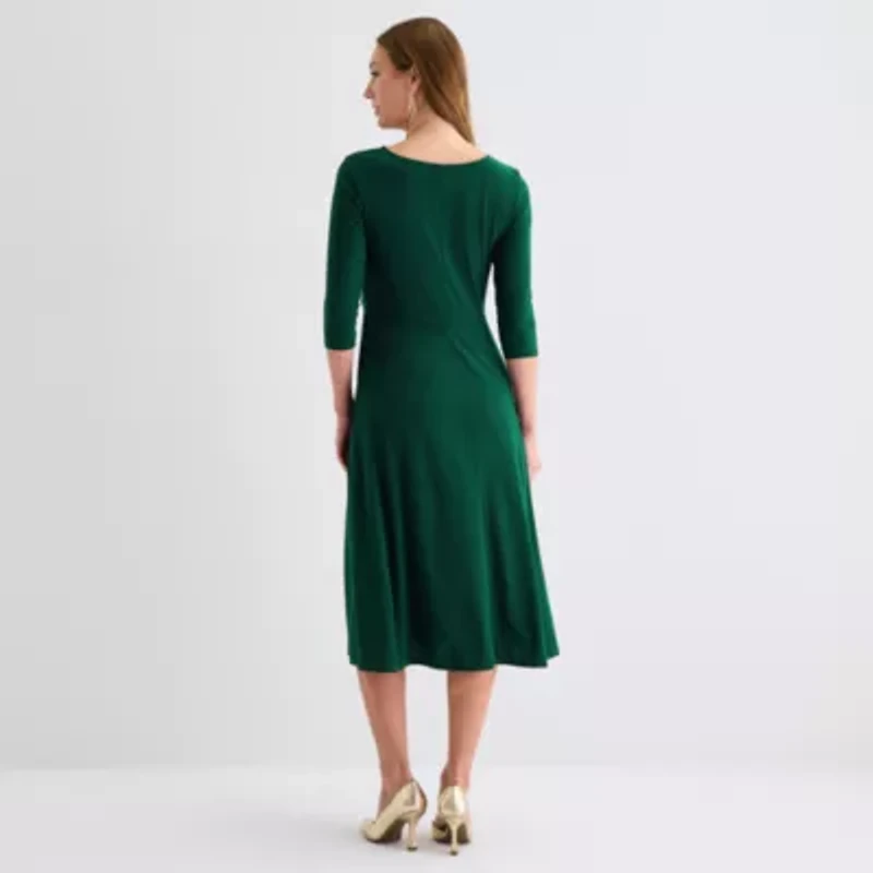 Perceptions Womens 3/4 Sleeve Midi Fit + Flare Dress