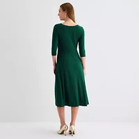 Perceptions Womens 3/4 Sleeve Midi Fit + Flare Dress