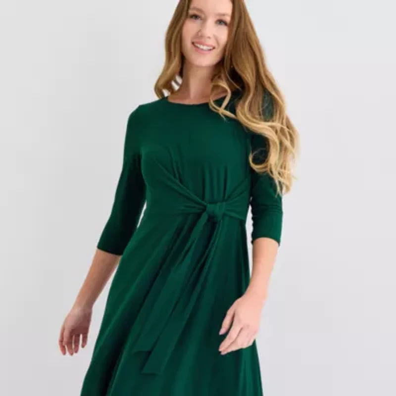 Perceptions Womens 3/4 Sleeve Midi Fit + Flare Dress