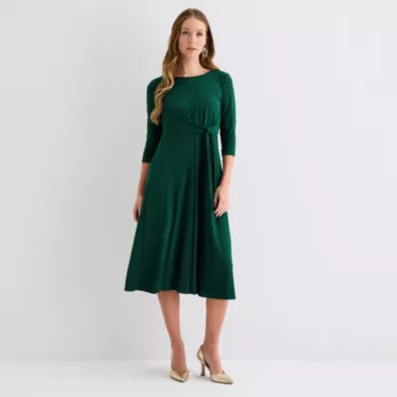 Perceptions Womens 3/4 Sleeve Midi Fit + Flare Dress