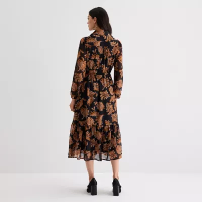 52seven Womens 3/4 Sleeve Midi Leaf Shirt Dress