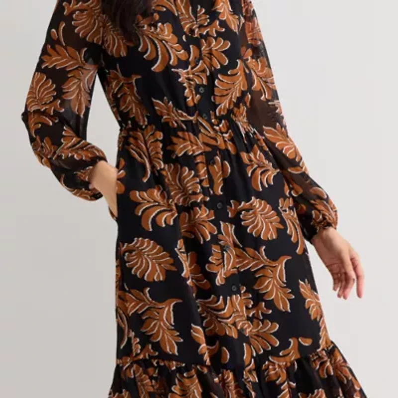 52seven Womens 3/4 Sleeve Midi Leaf Shirt Dress
