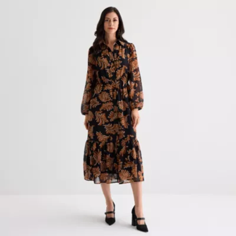 52seven Womens 3/4 Sleeve Midi Leaf Shirt Dress
