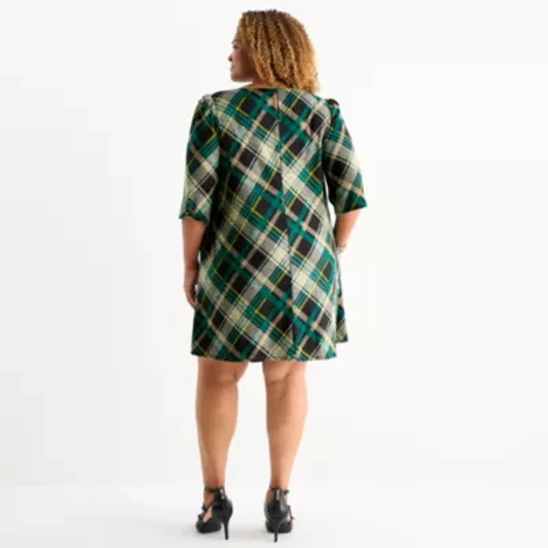 Jessica Howard Womens 3/4 Sleeve Plaid Plus Shift Dress